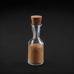 Small Vial Glass with Cork Containing Brown Powder on Black Background