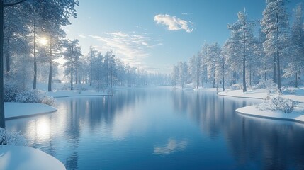 White winter wonderland scene with a crystal-clear lake in a snowy forest, perfect for Christmas or winter holiday designs.