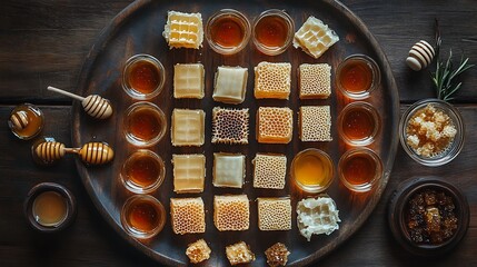 Top view of a platter of honey dishes with honeycomb pieces and dippers laid out in an organized manner, warm natural light, rich textures, and rustic wood background, hd detail. --ar 16:9