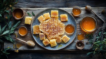 Top view of a platter of honey dishes with honeycomb pieces and dippers laid out in an organized manner, warm natural light, rich textures, and rustic wood background, hd detail. --ar 16:9
