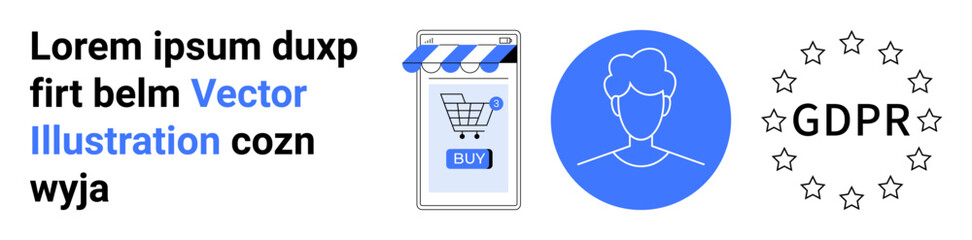 Smartphone shopping cart with BUY button, customer profile avatar, and GDPR compliance badge. Ideal for e-commerce sites, online shops, marketing campaigns, digital ads, data privacy info, customer