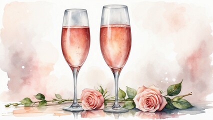 Glasses of pink champagne with roses, celebratory mood, artistic watercolor background