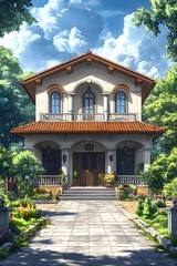 Charming Cartoon House Under Overcast Sky