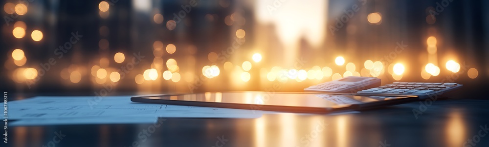 Poster a close-up view of papers and a smartphone on a reflective surface, with a blurred urban backdrop an