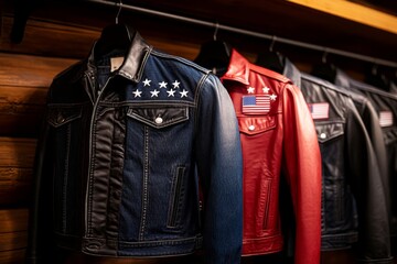 Obraz premium Display of classic denim and leather jackets in a rustic resale store, capturing the essence of retro style