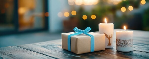 Menorah and wrapped gifts, evening scene, family warmth, giving spirit, Hanukkah celebration, homey atmosphere, joy and heritage