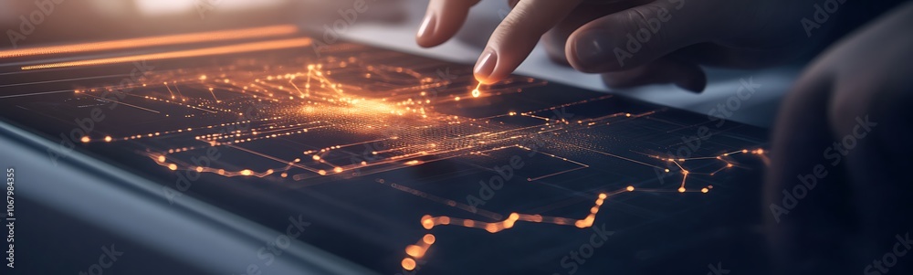 Poster A hand interacts with a glowing digital map, highlighting data points and connections across a dark interface.