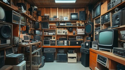 An image of a repair workshop specializing in vintage electronics, with shelves lined with old radios and TVs