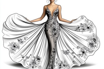 Outline of a classic dress with floral patterns, representing the elegance of vintage resale fashion