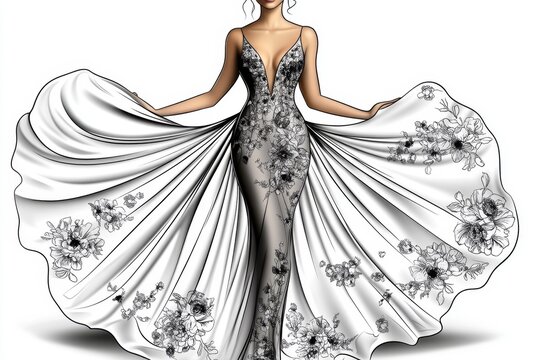 Outline of a classic dress with floral patterns, representing the elegance of vintage resale fashion