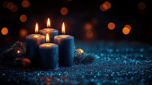 Flaming blue candles burn brightly on a dark night sky, with stars and lights twinkling in the background, creating a festive and serene backdrop for Christmas or religious events.