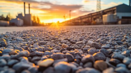 Sunset Over Gravel Road with Industrial Background