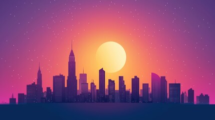 Fototapeta premium A city skyline silhouetted against a deep purple and orange sunset, with the outlines of buildings, bridges, and landmarks creating a dramatic and evocative cityscape.