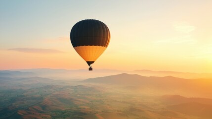 Obraz premium A hot air balloon floating across a vast desert landscape at sunrise, its silhouette a symbol of adventure, freedom, and the beauty of travel and exploration.