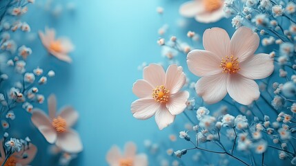 Fototapeta premium Floral composition with flowers on a light blue background, perfect for a greeting card or Mother's Day banner.
