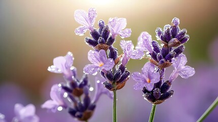 Obraz premium Crystalclear dewdrops on lavender petal, sharp focus, natural tones