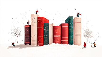 Colorful giant books on a winter day with children playing around them, book lovers in watercolor.