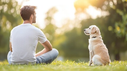 A man training his dog in a park, using positive reinforcement techniques, building trust and companionship.