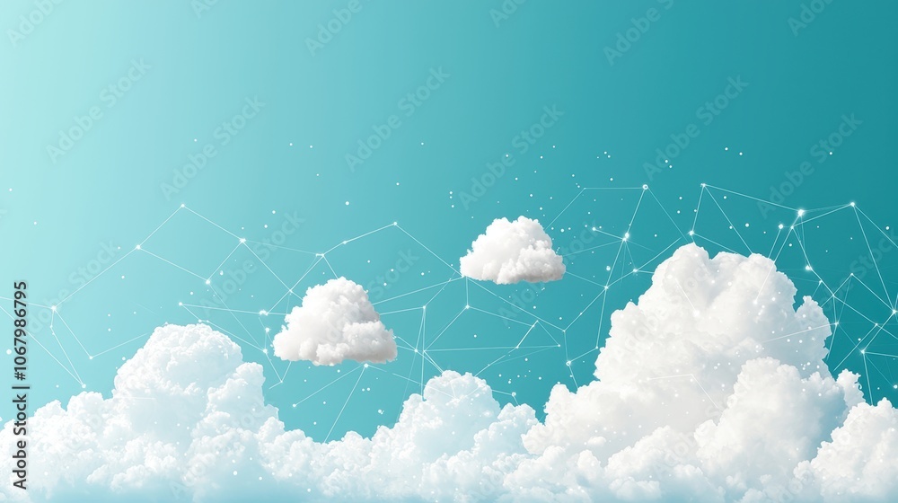 Poster a blue sky with fluffy white clouds transforming into digital data clouds, symbolizing the transitio