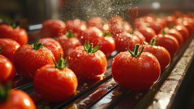 Fresh Tomatoes on Conveyor in Production Line