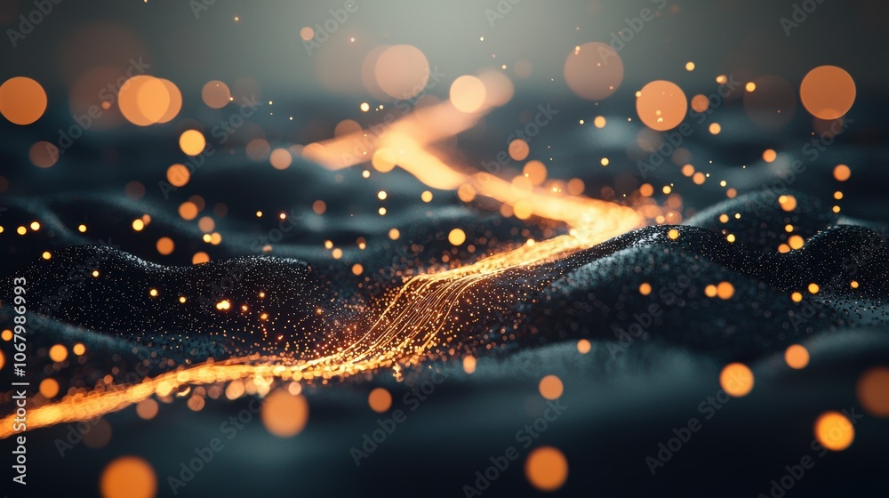 Poster abstract visualization of data streams flowing through a network, represented by glowing particles a