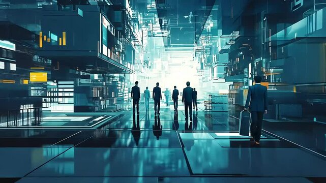 A futuristic scene depicting silhouettes of people standing in a high-tech, abstract environment filled with glowing structures and reflections.
