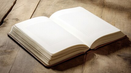 Open Blank Notebook on Wooden Desk in Natural Light