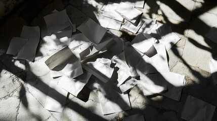 Scattered Blank Paper on the Floor in Bright Daylight