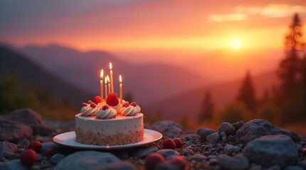 A delicious birthday cake with lit candles sits on a rocky surface overlooking a stunning mountain range at sunset
