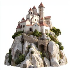 Low Poly 3D Render of a fortress integrated into a cliffside, on isolated white background