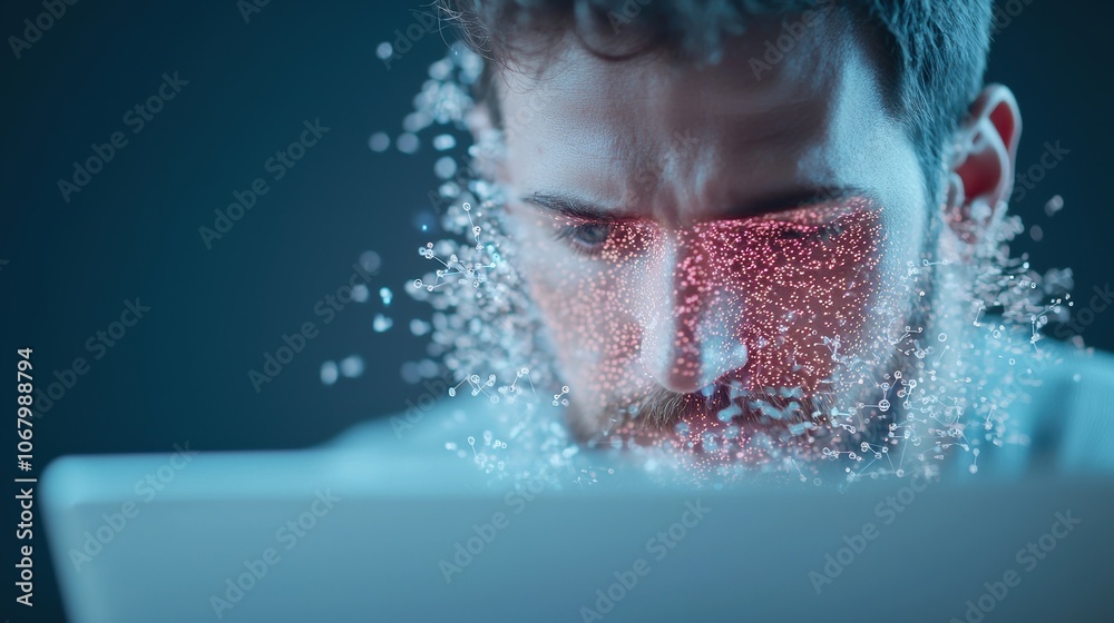 Poster cybersecurity professional working on a laptop with a holographic display showing network traffic an