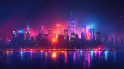 Fototapeta premium Cityscape on dark blue background with bright glowing neon. Technology city background