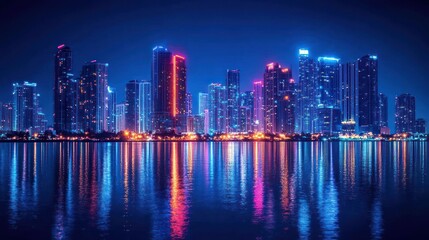 Obraz premium Cityscape on dark blue background with bright glowing neon. Technology city background