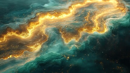 Fluid art with emerald green and gold tones, creating a luxurious backdrop for an abstract interior poster.