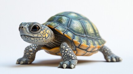Obraz premium A small turtle with a green and yellow shell on a white background.