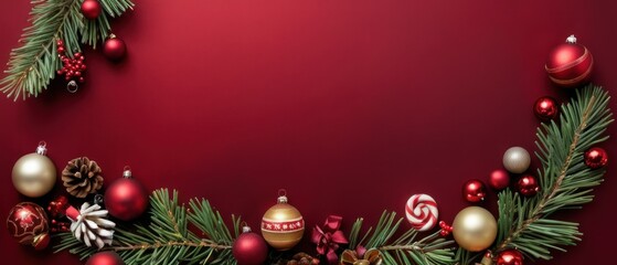 Elegant Christmas border featuring red and gold ornaments, pine cones, and greenery on a vibrant red background. Perfect for holiday themes and seasonal designs.