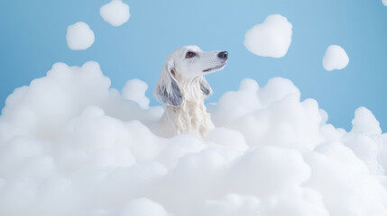A cute afghan hound dog in bath with soap foam on glossy blue refreshing fashion background. adorable pet portrait shampoo pet grooming salon spa wallpaper