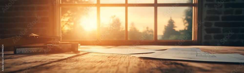 Poster A tranquil scene featuring sunlight streaming through a window, illuminating a workspace scattered with papers and a warm wooden floor.