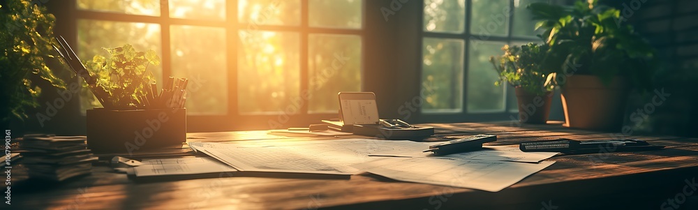 Poster a serene workspace illuminated by warm sunlight, featuring papers and plants, creating a peaceful an