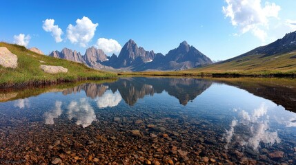 Obraz premium A serene mountain lake reflecting the towering peaks and clear blue sky, creating a sense of tranquility and awe inspiring beauty.