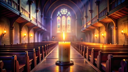 Fototapeta premium A single candle illuminates the rows of pews in an ancient place of worship, its soft glow casting a warm and ethereal light upon the wooden benches, inviting reflection and solace.