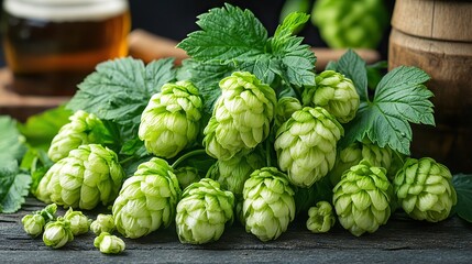 Obraz premium Fresh green hop cones for making beer, representing herbal natural medicine or brewing themes, ideal for Oktoberfest posters.