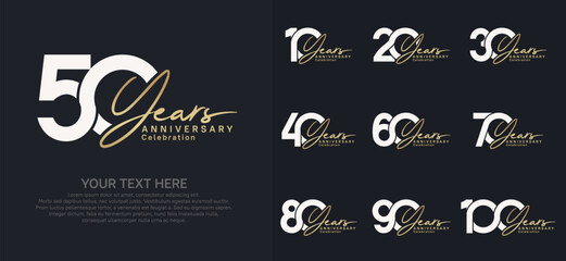 Anniversary logo set vector design, white and golden color for celebration event