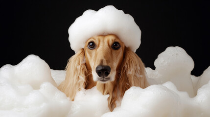 A cute afghan hound dog in bath with soap foam on glossy black refreshing fashion background. adorable pet portrait shampoo pet grooming salon spa wallpaper