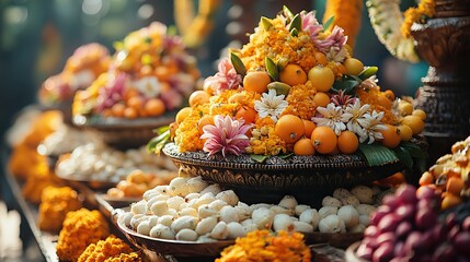 Fresh tropical fruits for a traditional puja ceremony, promoting Hindu festivals or vegan diets.