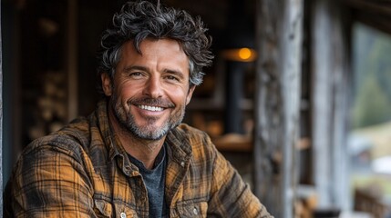 Smiling man in rustic cabin environment