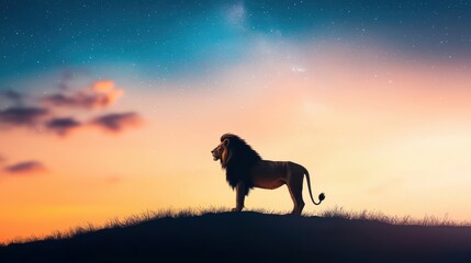 The silhouette of a male lion with a flowing mane, standing on a hilltop, his powerful form outlined against the star filled night sky, evoking a sense of wild beauty and freedom.