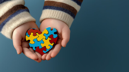 Little child hand holding colorful heart on light blue background. World autism awareness day concept