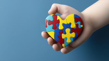 Little child hand holding colorful heart on light blue background. World autism awareness day concept