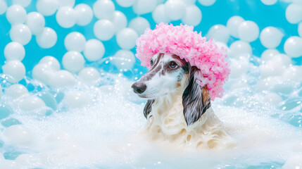 A cute afghan hound dog in bath with soap foam on glossy blue refreshing fashion background. adorable pet portrait shampoo pet grooming salon spa shimmering wallpaper